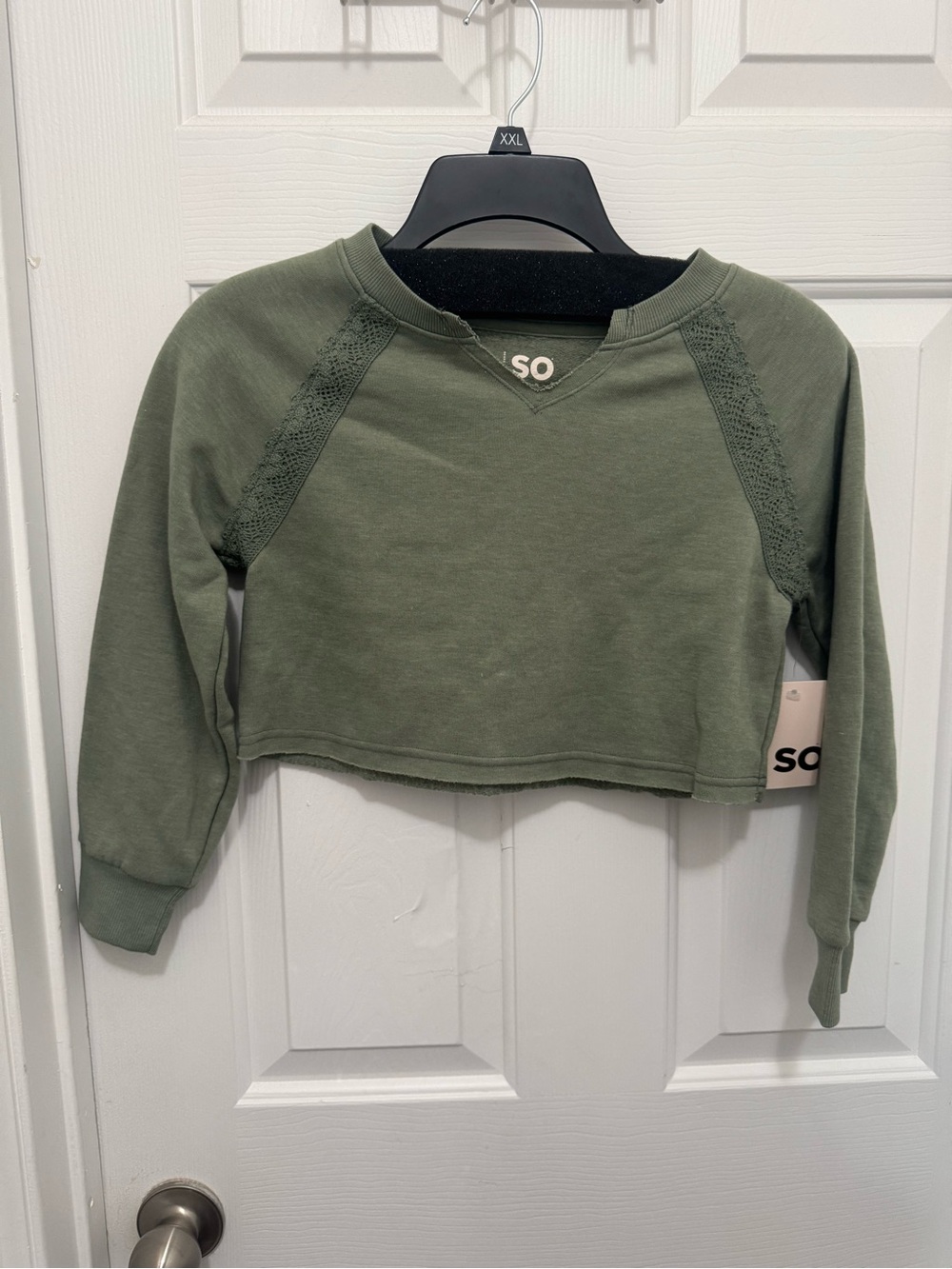 SO Olive Green Cropped Lace-Trim Sweatshirt
